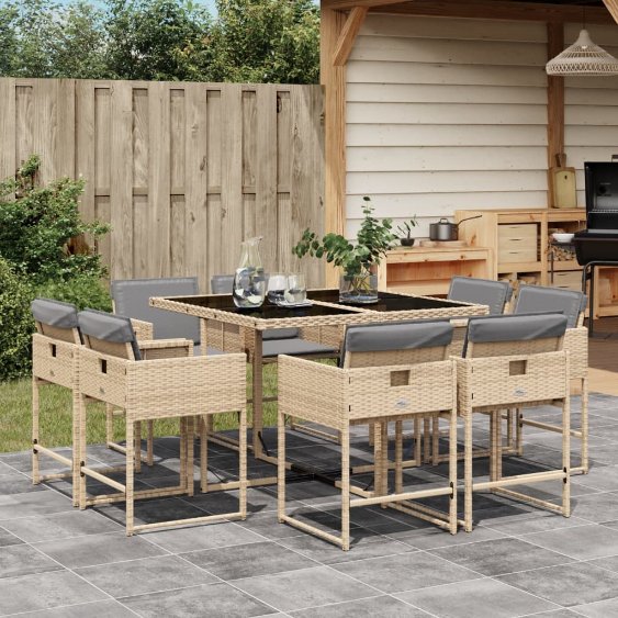 vidaXL 9-tlg. Garten-Essgruppe mit Kissen Schwarz Poly Rattan
