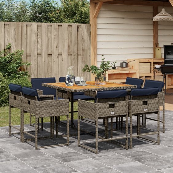 vidaXL 9-tlg. Garten-Essgruppe mit Kissen Schwarz Poly Rattan