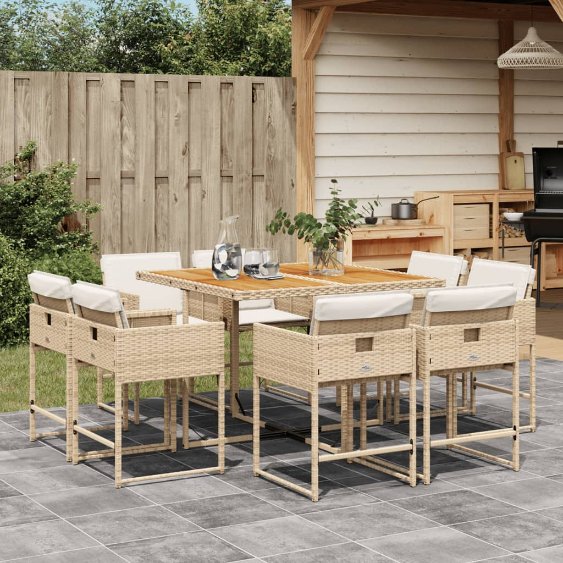vidaXL 9-tlg. Garten-Essgruppe mit Kissen Schwarz Poly Rattan