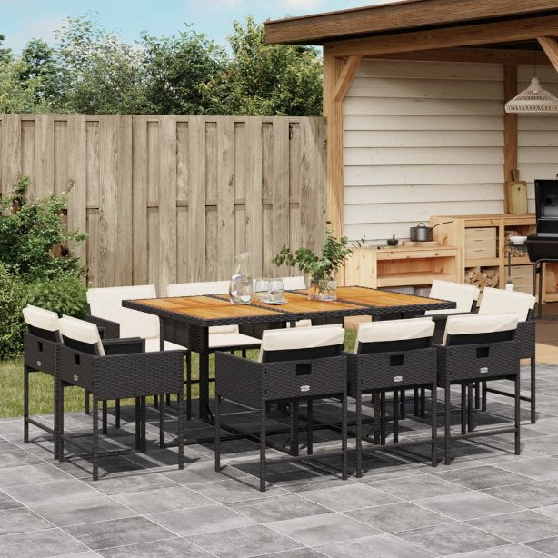 vidaXL 9-tlg. Garten-Essgruppe mit Kissen Schwarz Poly Rattan