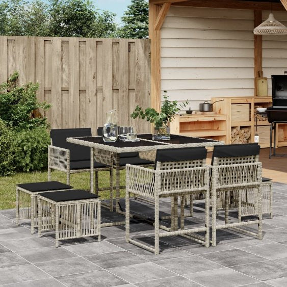 vidaXL 9-tlg. Garten-Essgruppe mit Kissen Schwarz Poly Rattan