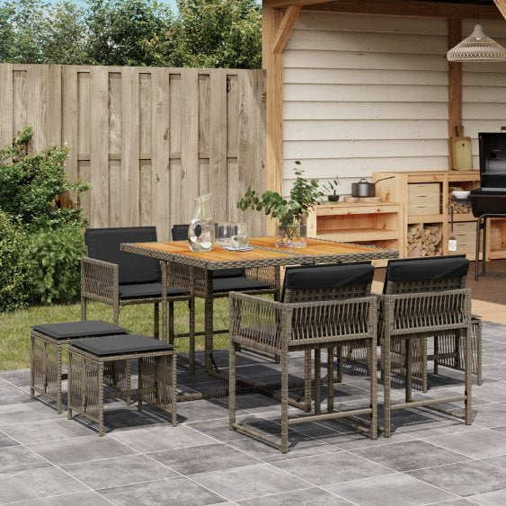 vidaXL 9-tlg. Garten-Essgruppe mit Kissen Schwarz Poly Rattan