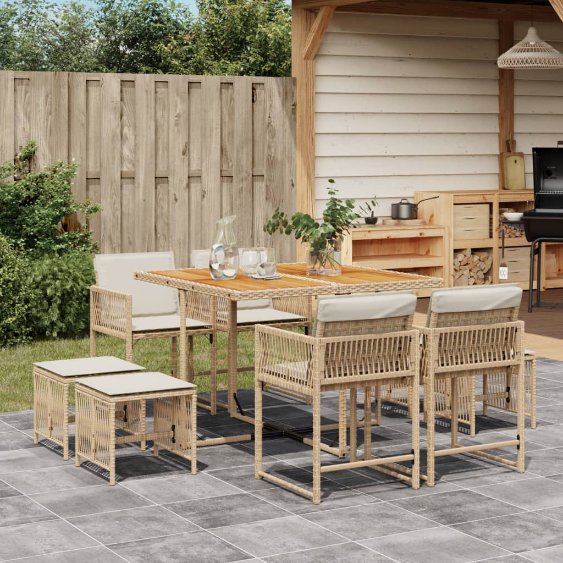 vidaXL 9-tlg. Garten-Essgruppe mit Kissen Schwarz Poly Rattan