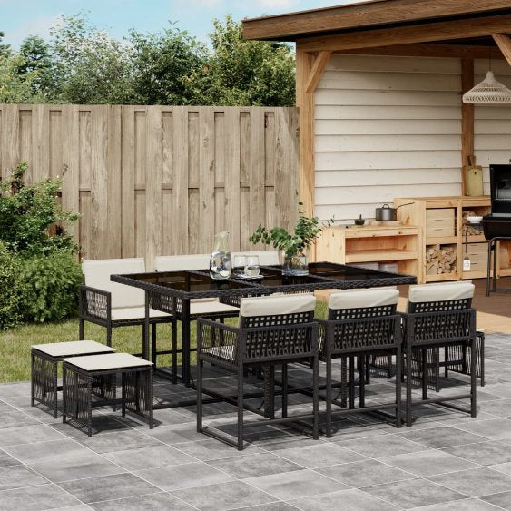 vidaXL 9-tlg. Garten-Essgruppe mit Kissen Schwarz Poly Rattan