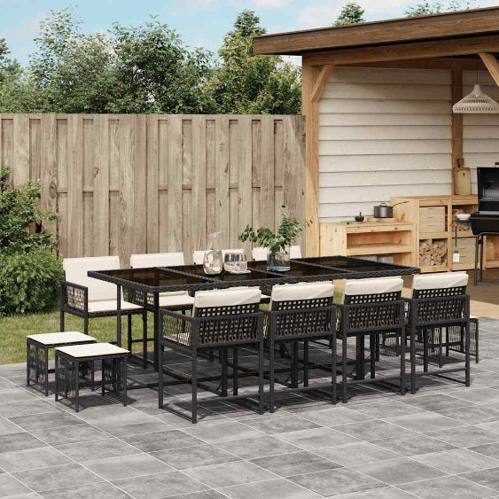 vidaXL 9-tlg. Garten-Essgruppe mit Kissen Schwarz Poly Rattan