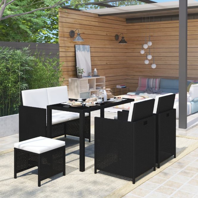 vidaXL 6-tlg. Garten-Essgruppe mit Auflagen Poly Rattan Schwarz