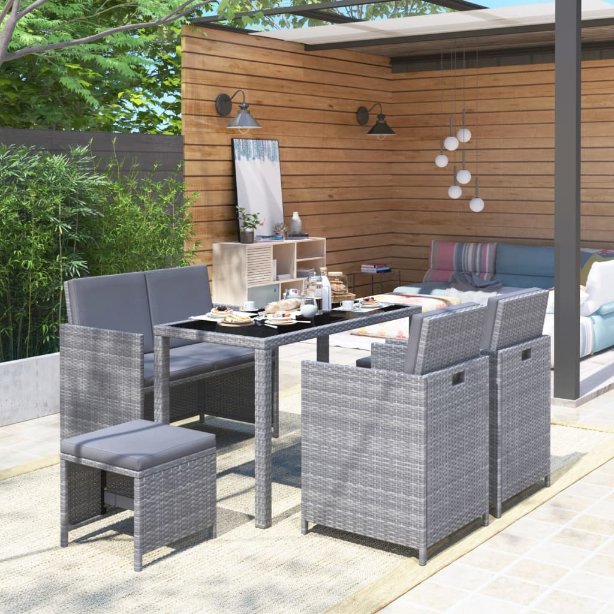 vidaXL 6-tlg. Garten-Essgruppe mit Auflagen Poly Rattan Schwarz