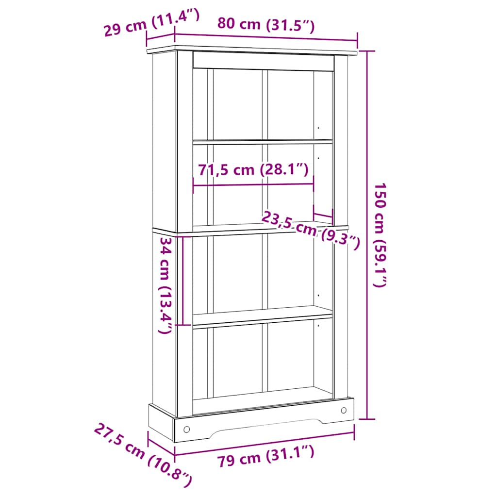 Bücherschrank 4 Fächer Mexiko-Stil Kiefernholz 80x29x150 cm