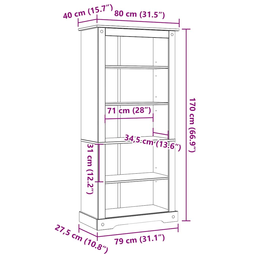 Bücherschrank 5 Fächer Mexiko-Stil Kiefernholz 80x40x170 cm