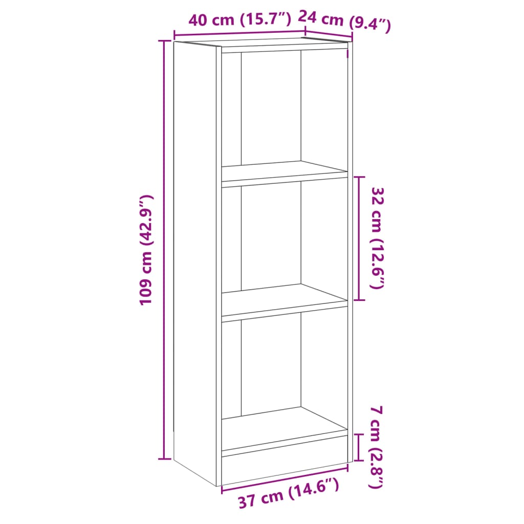 Bookcase 3 Compartments Grey 40x24x109 cm Wood Material