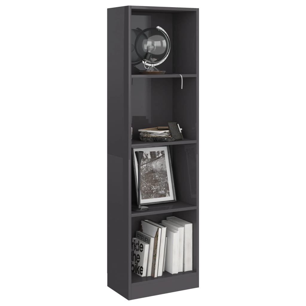 Bookcase 4 compartments high gloss grey 40x24x142 cm wood material