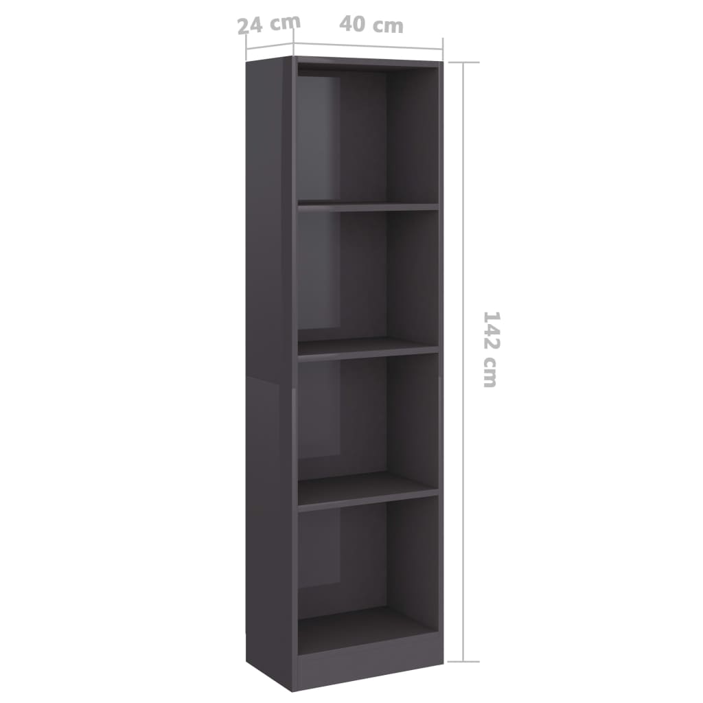 Bookcase 4 compartments high gloss grey 40x24x142 cm wood material