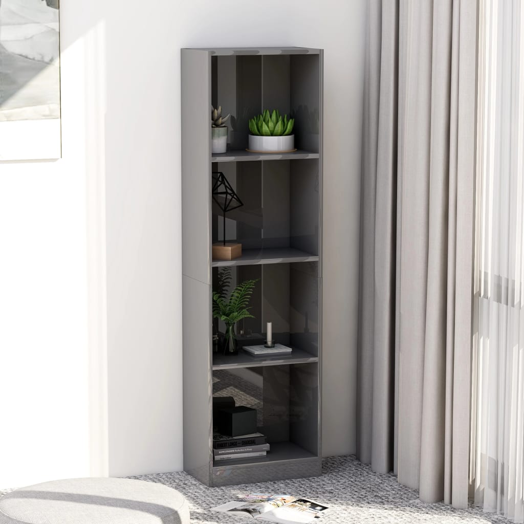 Bookcase 4 compartments high gloss grey 40x24x142 cm wood material