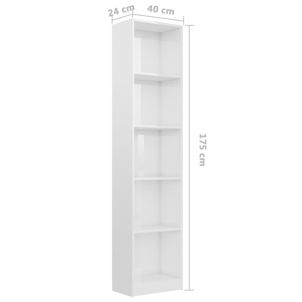 Bücherregal 5 Fächer Hochglanz-Weiß 40x24x175 cm Holzwerkstoff