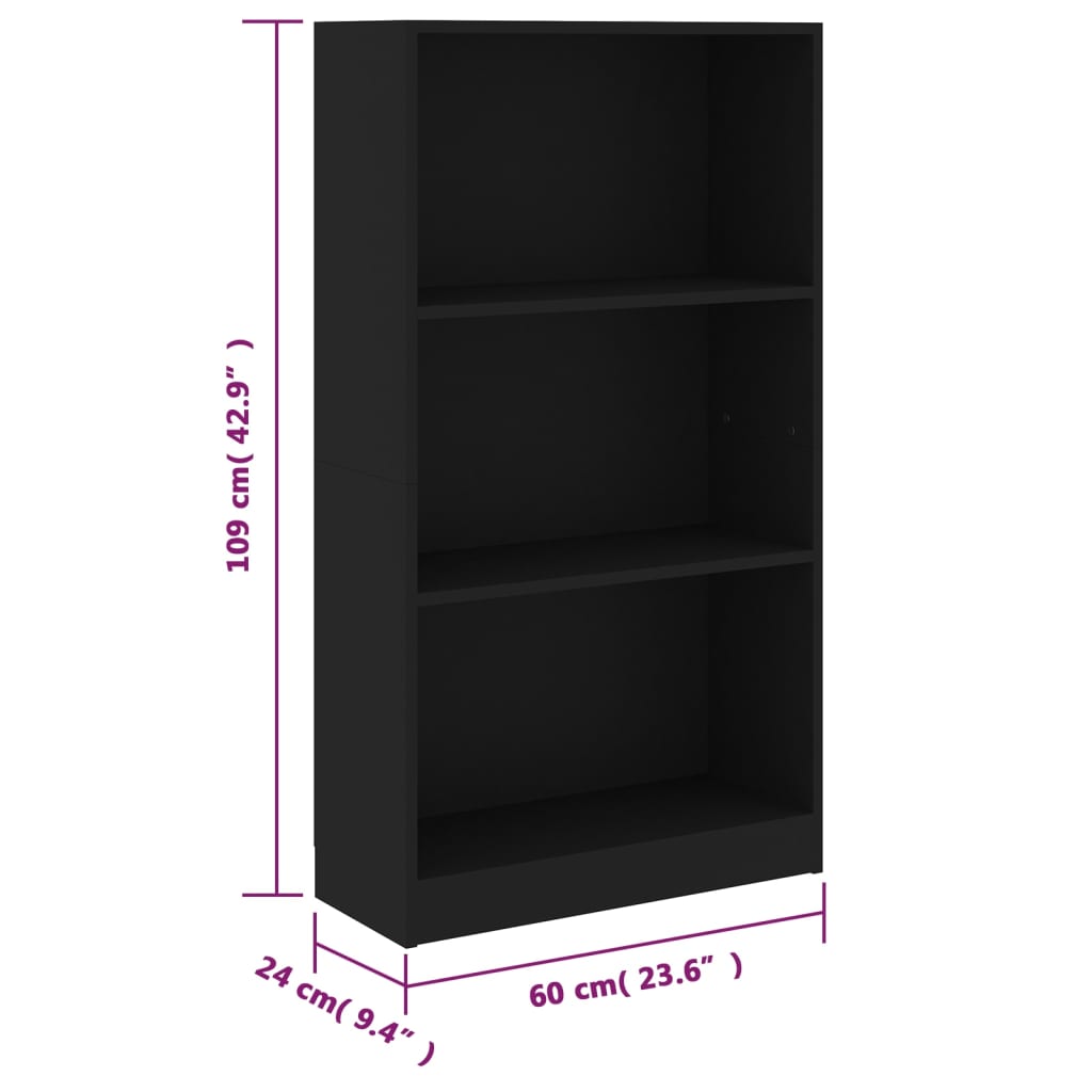 Bookcase 3 Compartments Black 60x24x109 cm Wood Material