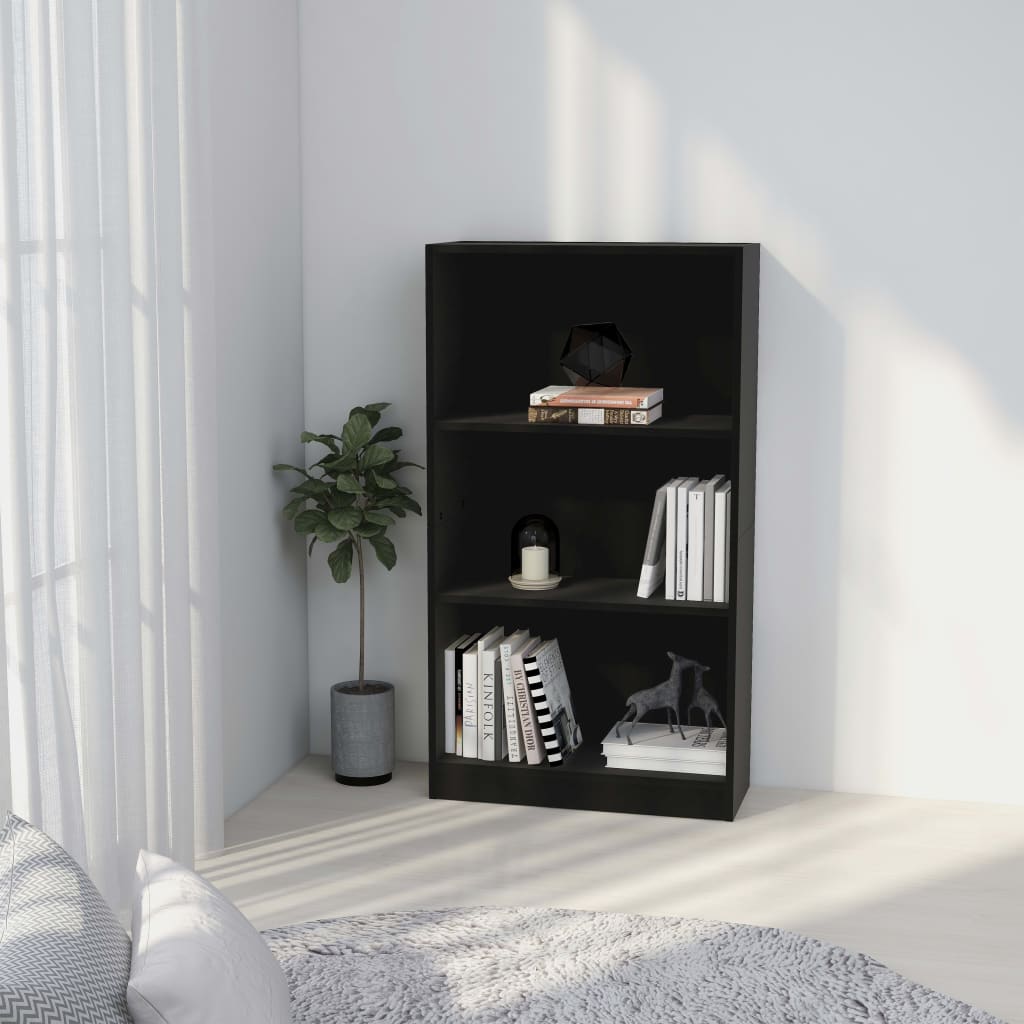 Bookcase 3 Compartments Black 60x24x109 cm Wood Material