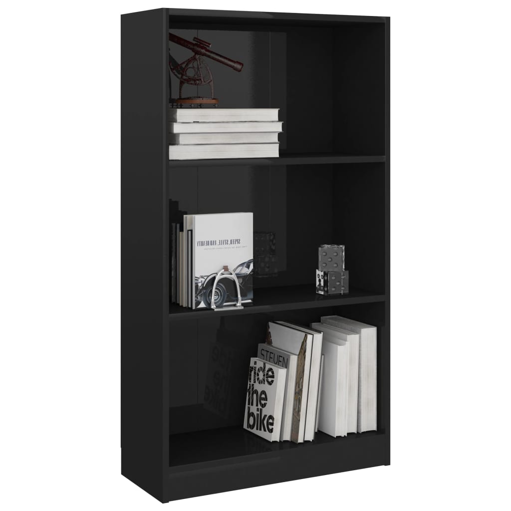 Bookcase 3 compartments high gloss black 60x24x109 wood material