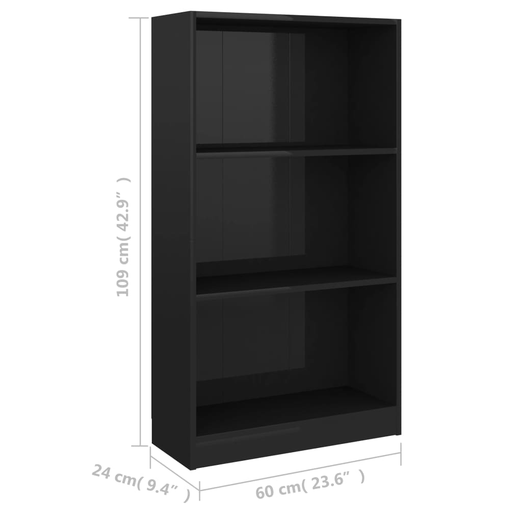 Bookcase 3 compartments high gloss black 60x24x109 wood material