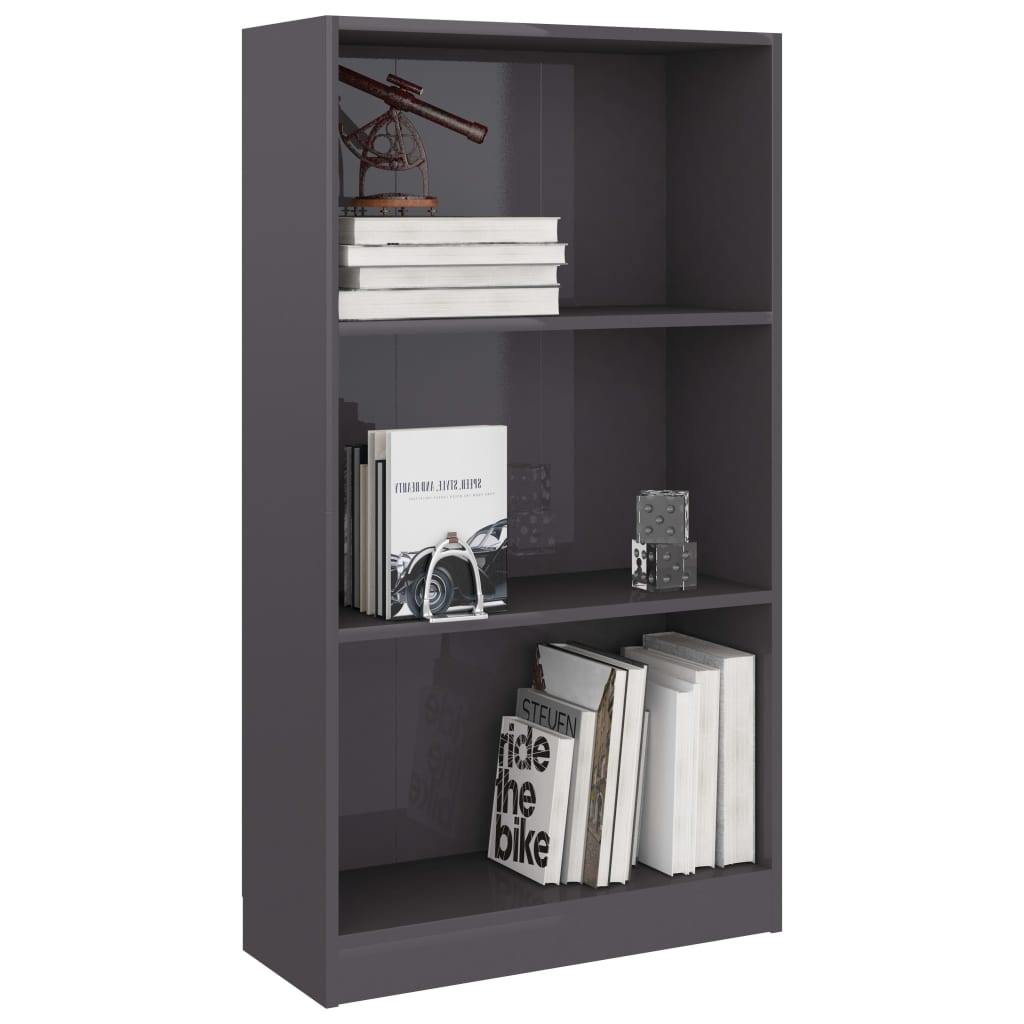 Bookcase 3 Compartments High Gloss Grey 60x24x109 cm Wood Material