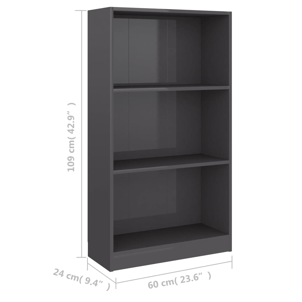 Bookcase 3 Compartments High Gloss Grey 60x24x109 cm Wood Material