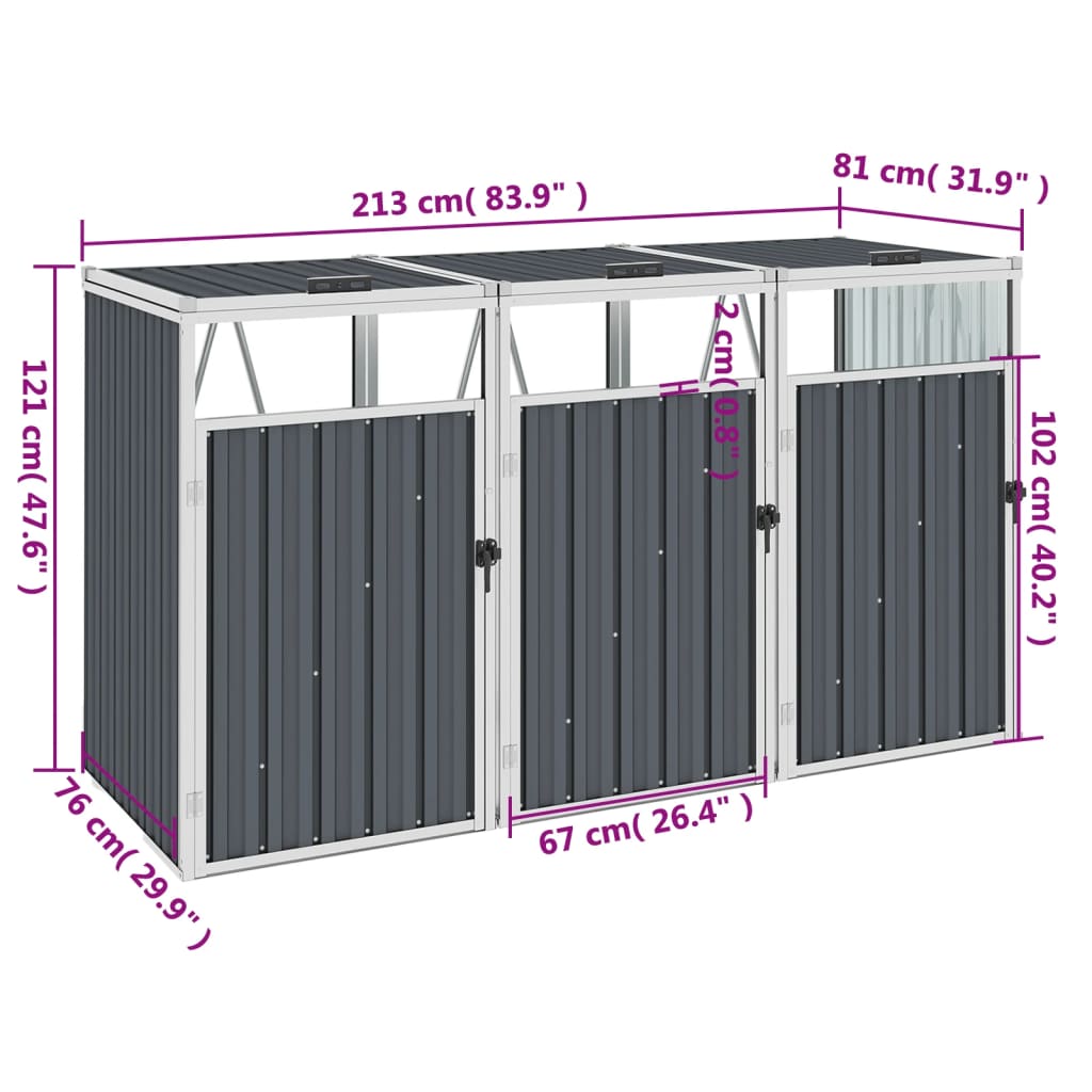 Mülltonnenbox für 3 Mülltonnen Grau 213×81×121 cm Stahl