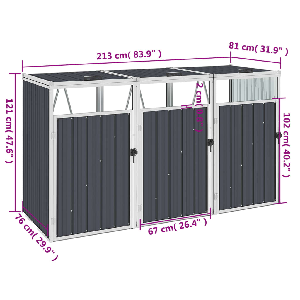 Mülltonnenbox für 3 Mülltonnen Anthrazit 213×81×121 cm Stahl