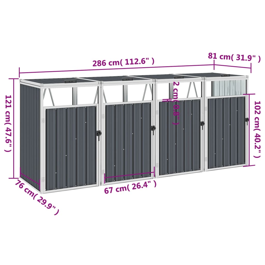 Mülltonnenbox für 4 Mülltonnen Grau 286×81×121 cm Stahl