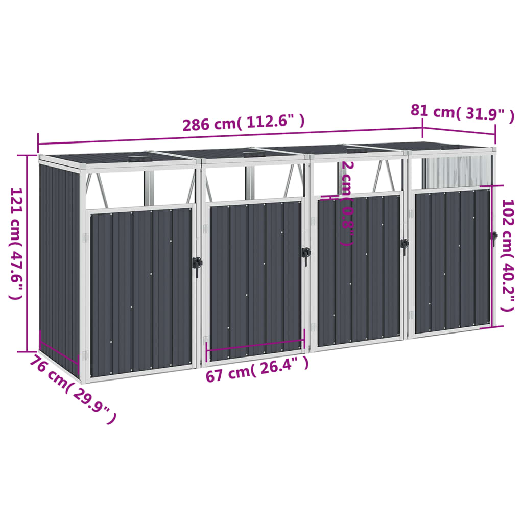 Garbage can box for 4 garbage cans anthracite 286×81×121 cm steel