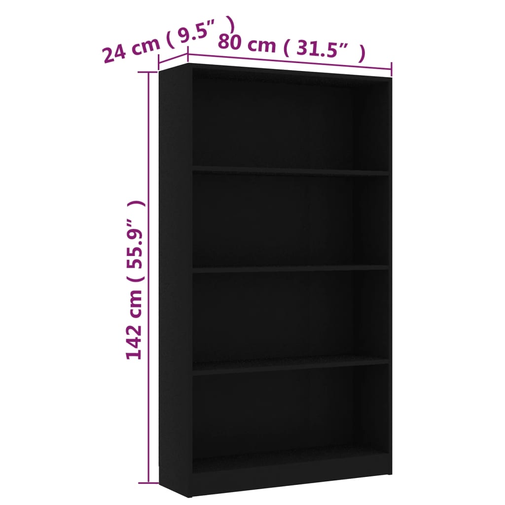 Bookcase 4 Compartments Black 80x24x142 cm Wood Material