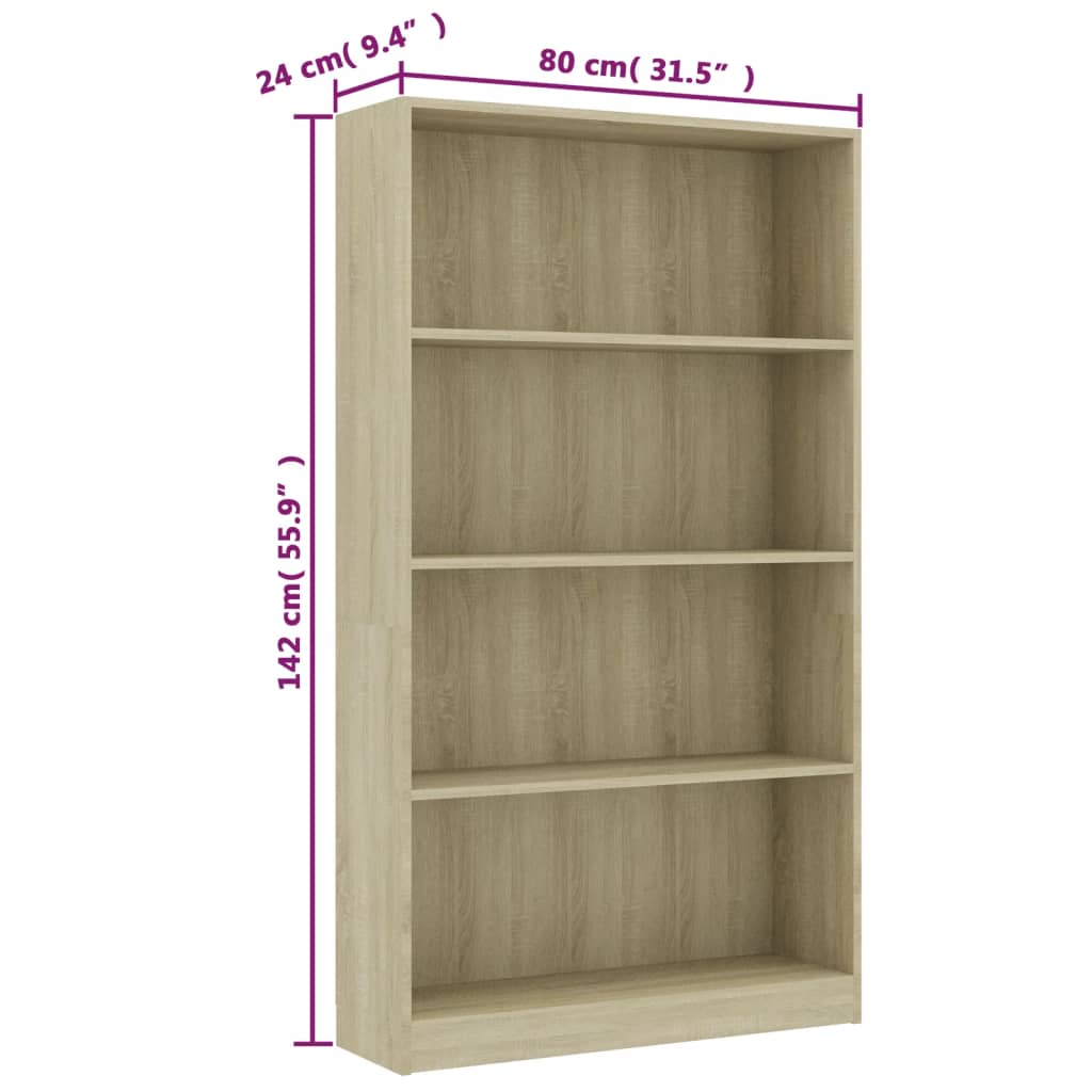 Bookcase 4 compartments Sonoma oak 80x24x142 cm wood material