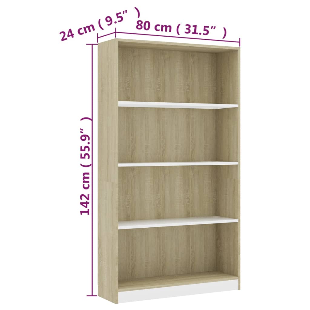 Bücherregal 4 Fächer Weiß Sonoma-Eiche 80x24x142 Holzwerkstoff