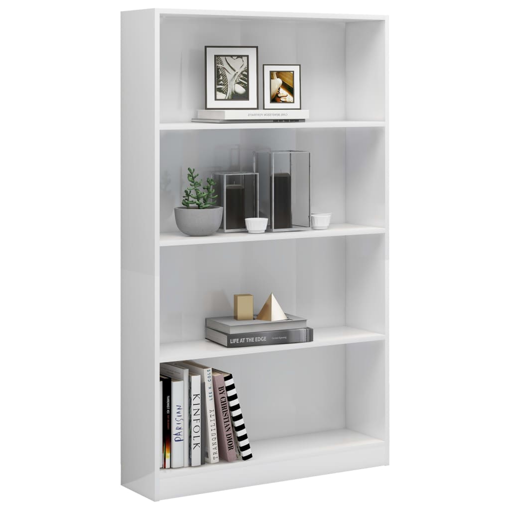 Bookcase 4 compartments high gloss white 80x24x142 cm wood material