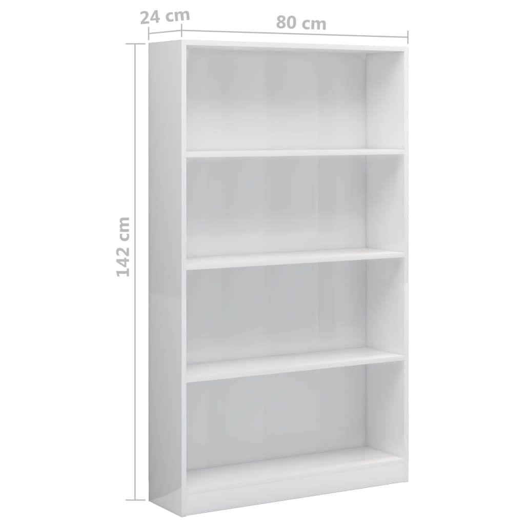 Bookcase 4 compartments high gloss white 80x24x142 cm wood material