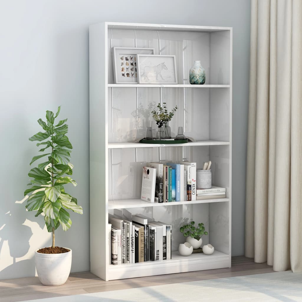 Bookcase 4 compartments high gloss white 80x24x142 cm wood material