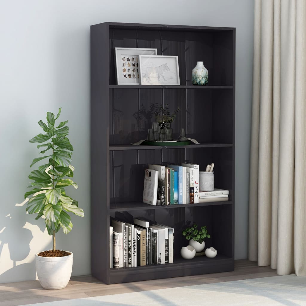 Bookcase 4 compartments high gloss grey 80x24x142 cm wood material