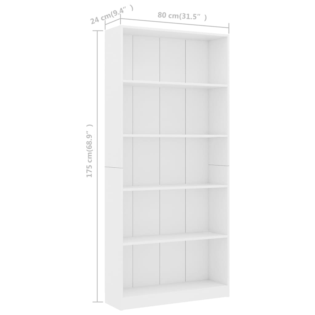 Bookcase 5 Compartments White 80x24x175 cm Wood Material