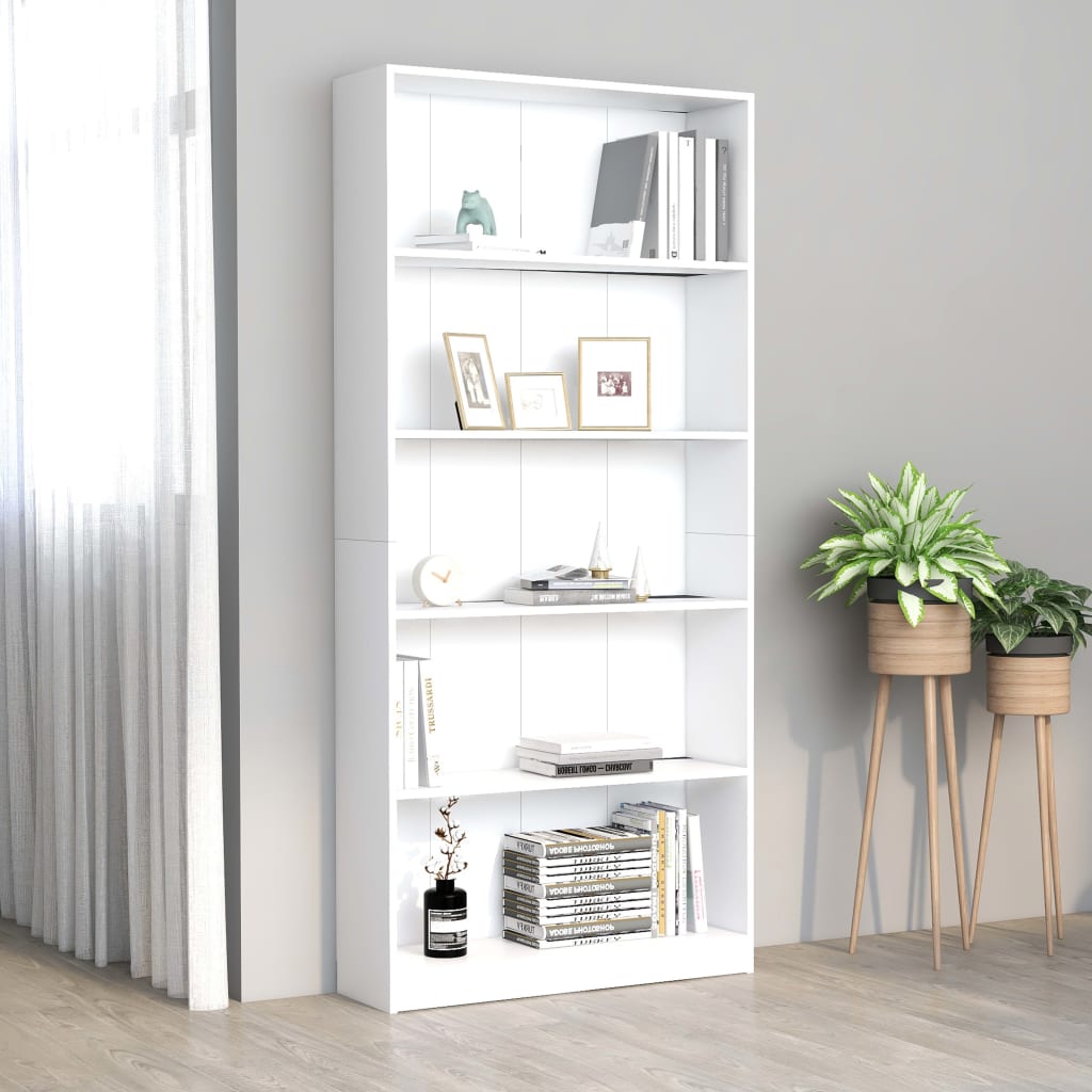 Bookcase 5 Compartments White 80x24x175 cm Wood Material