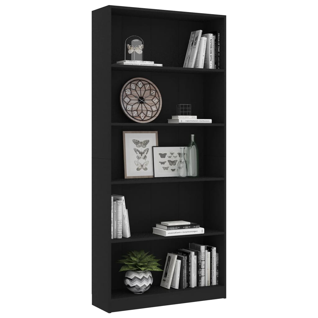 Bookcase 5 Compartments Black 80x24x175 cm Wood Material