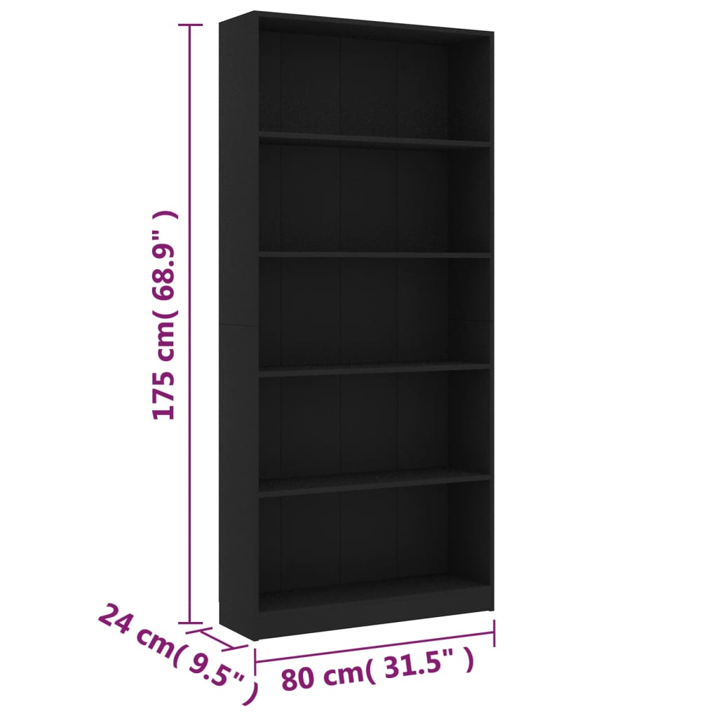 Bookcase 5 Compartments Black 80x24x175 cm Wood Material