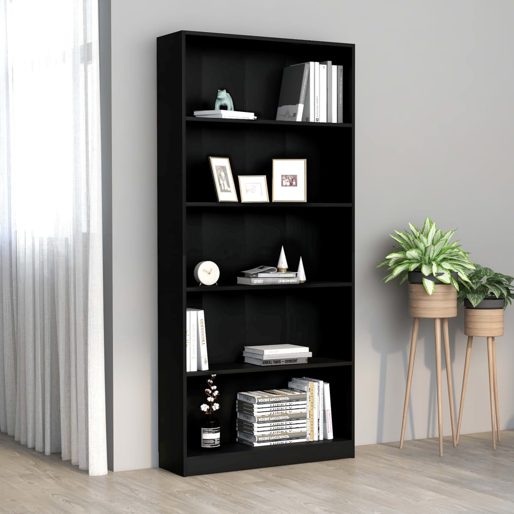 Bookcase 5 Compartments Black 80x24x175 cm Wood Material