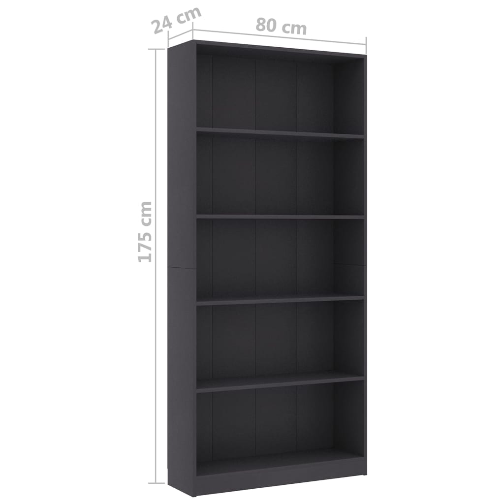 Bücherregal 5 Fächer Grau 80x24x175 cm Holzwerkstoff