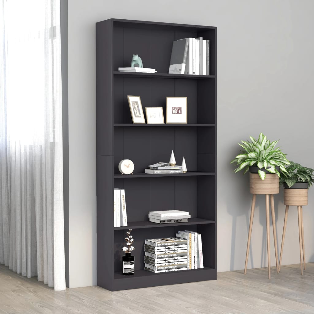 Bücherregal 5 Fächer Grau 80x24x175 cm Holzwerkstoff