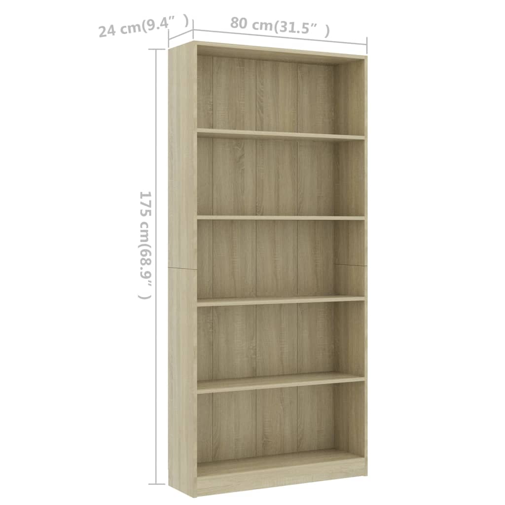 Bookcase 5 compartments Sonoma oak 80x24x175 cm wood material