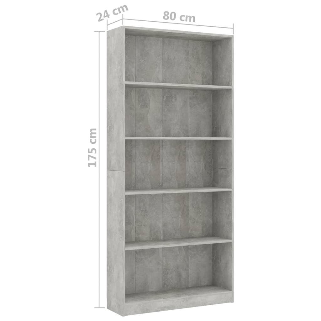 Bookcase 5 compartments concrete grey 80x24x175 cm wood material