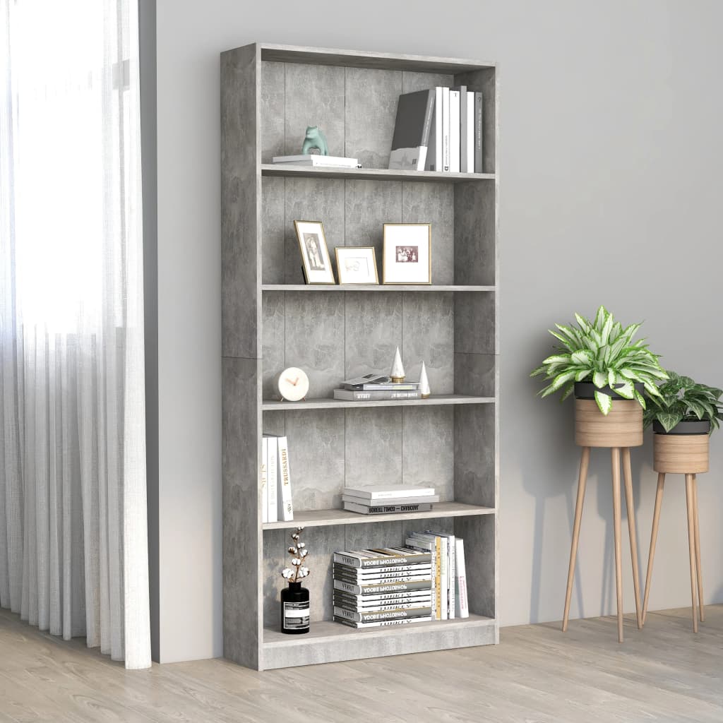 Bookcase 5 compartments concrete grey 80x24x175 cm wood material