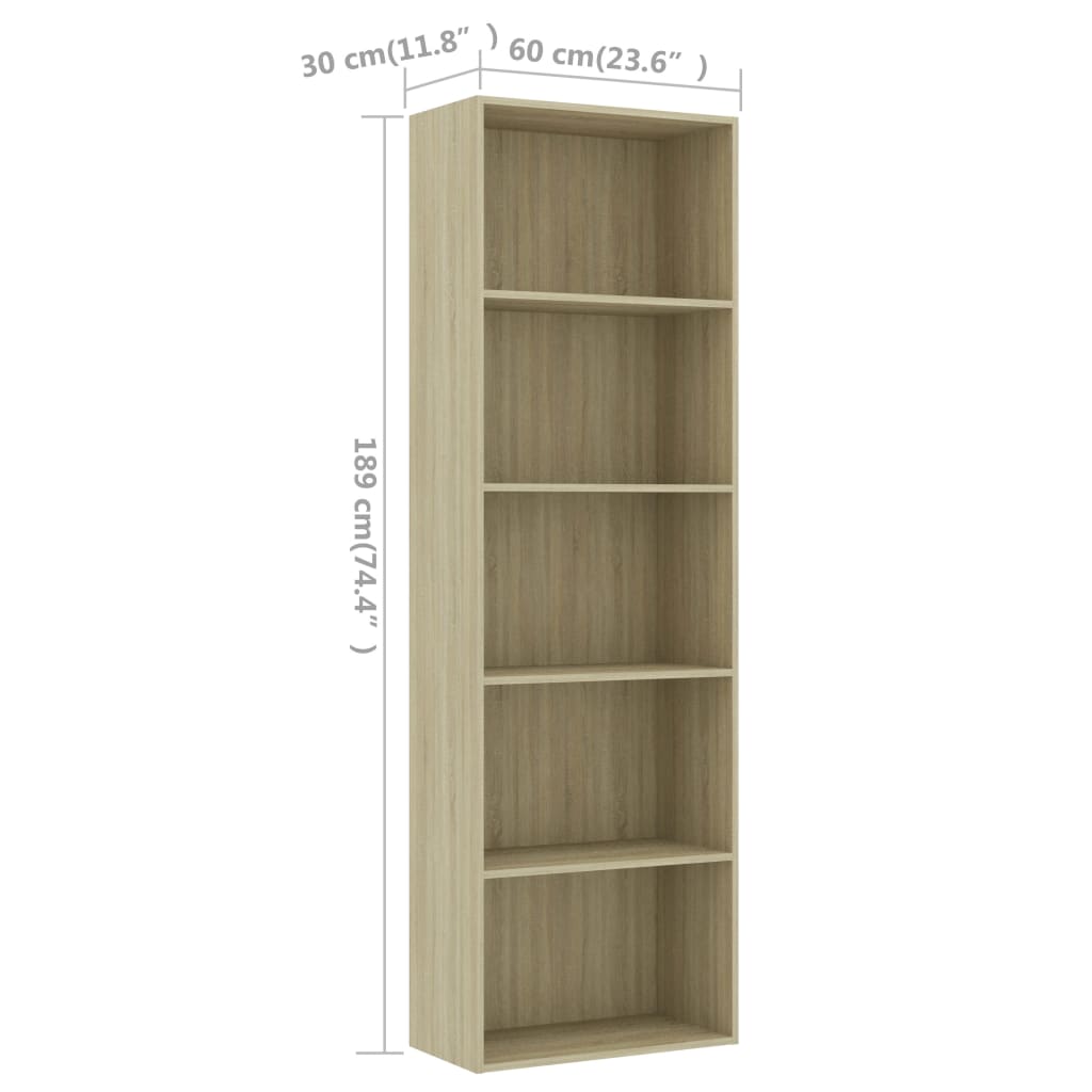 Bookcase 5 compartments Sonoma oak 60x30x189 cm wood material