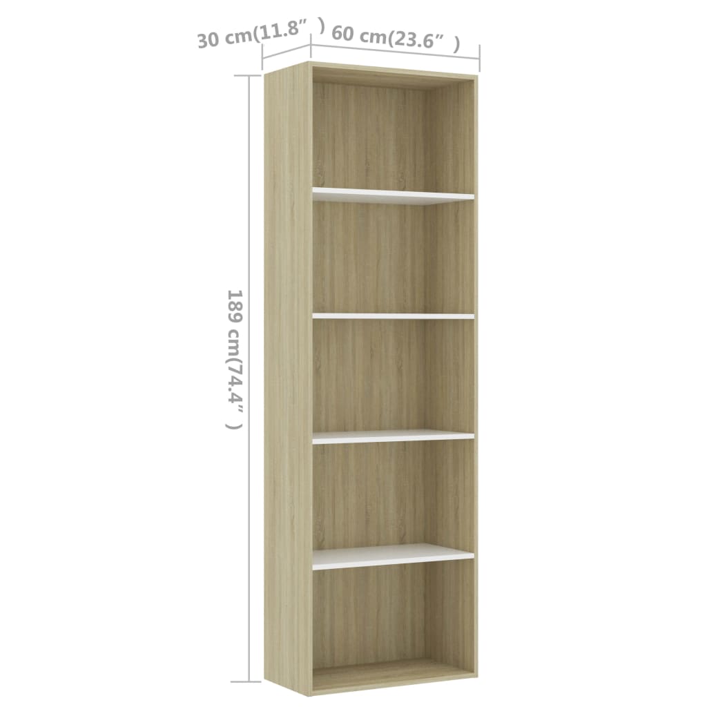 Bookcase 5 Compartments White Sonoma Oak 60x30x189 Wood Material