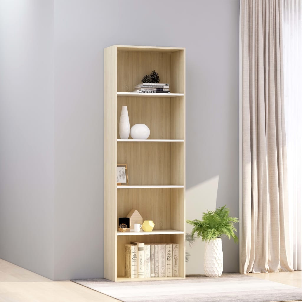 Bookcase 5 Compartments White Sonoma Oak 60x30x189 Wood Material