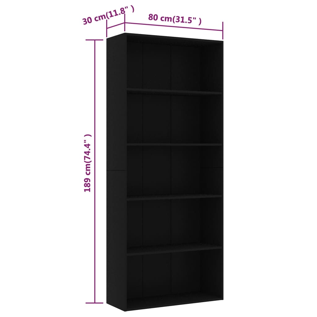 Bookcase 5 Compartments Black 80x30x189 cm Wood Material