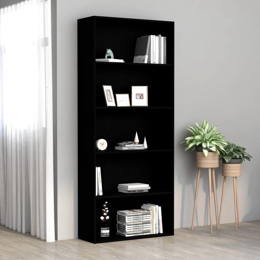 Bookcase 5 Compartments Black 80x30x189 cm Wood Material